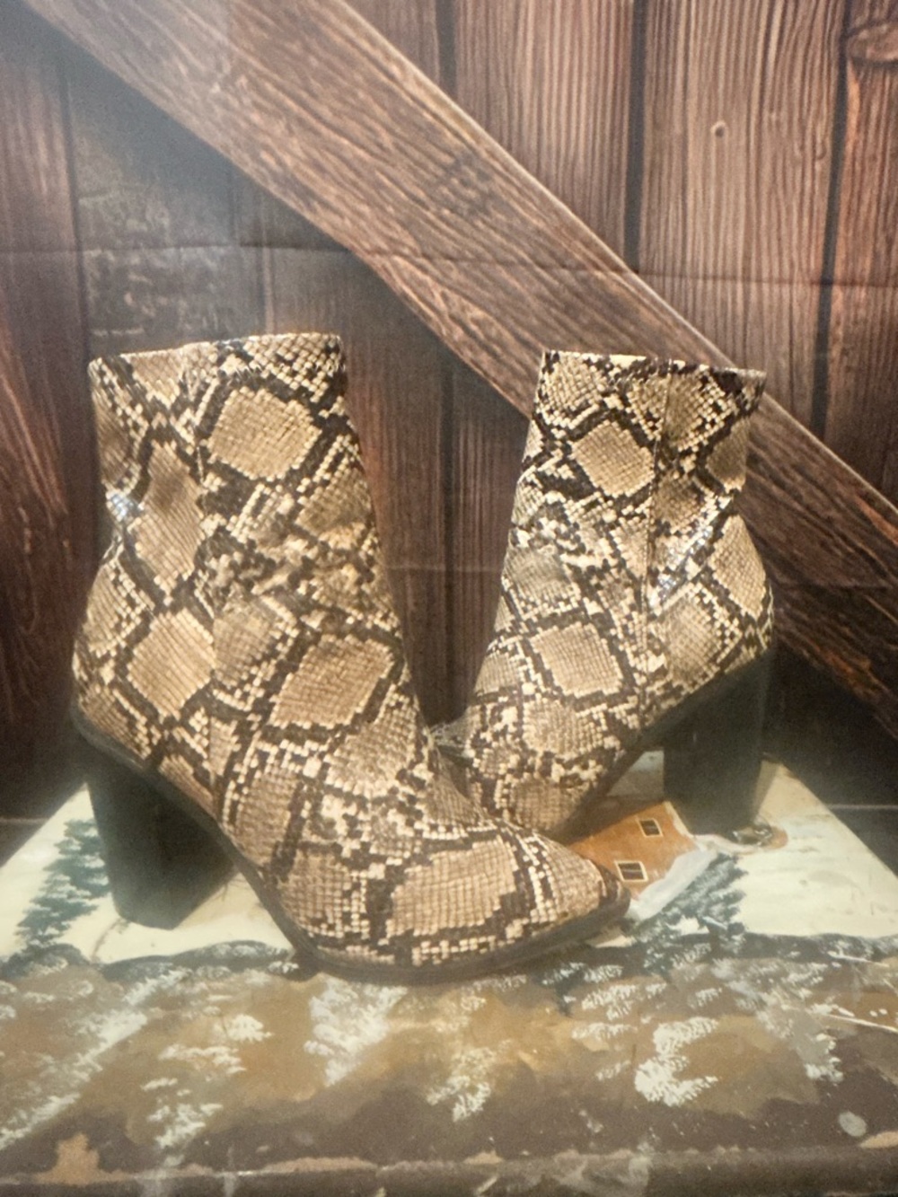 Lulu's Snake-Print Ankle Boots in Beige and Black
